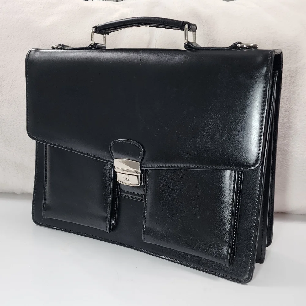 Classic Briefcase Laptop Computer Bag Documents Faux Leather Black 15x11x5